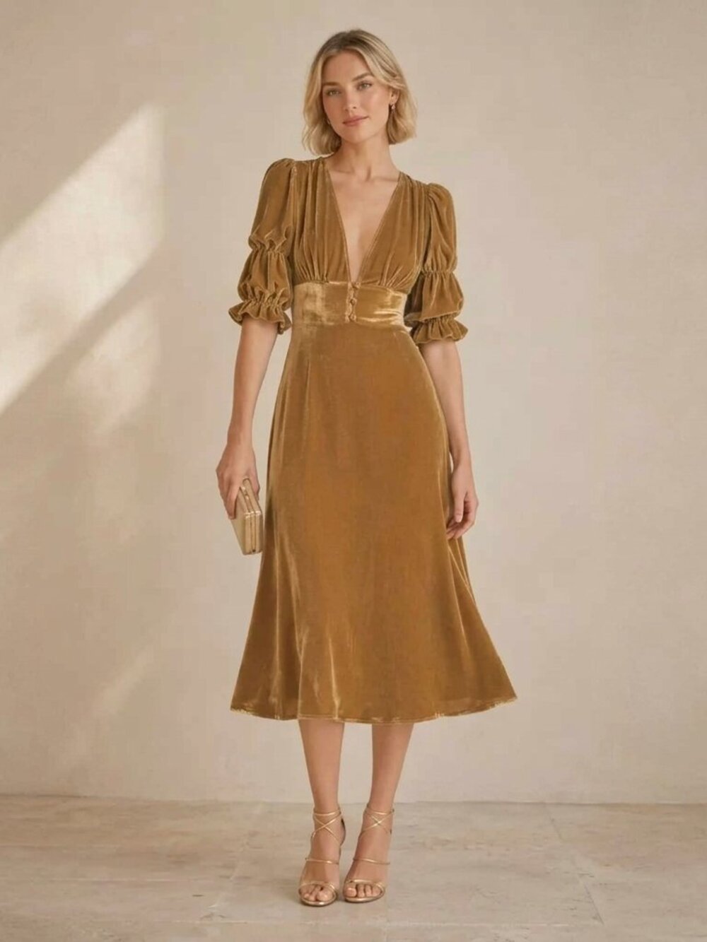 Reformation Maura Silk-Velvet Midi Dress Golden "Reyes" Colorway Size 0